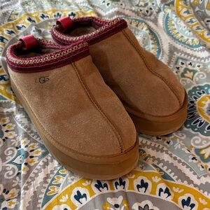 UGG Chestnut Suede Slip-On Clogs with Wine Trim